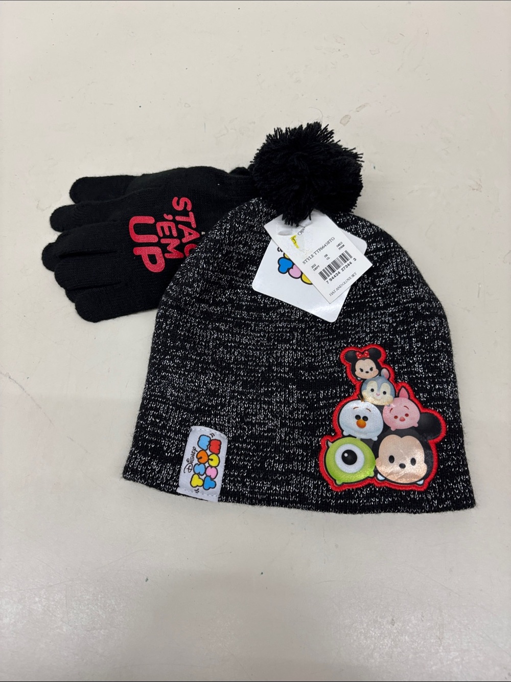 NWT Disney Black Tsum Tsum Pom Beanie and Gloves Set